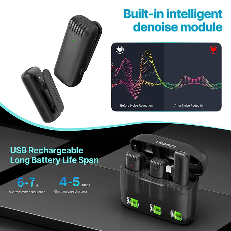 ULANZI J12 Micrófono inalámbrico para teléfono USB C 2TX x 1RX