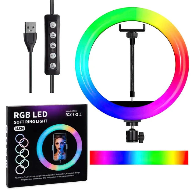 Aro De Luz Rgb Multicolor 26 Cm Profesional + Tripode 2m