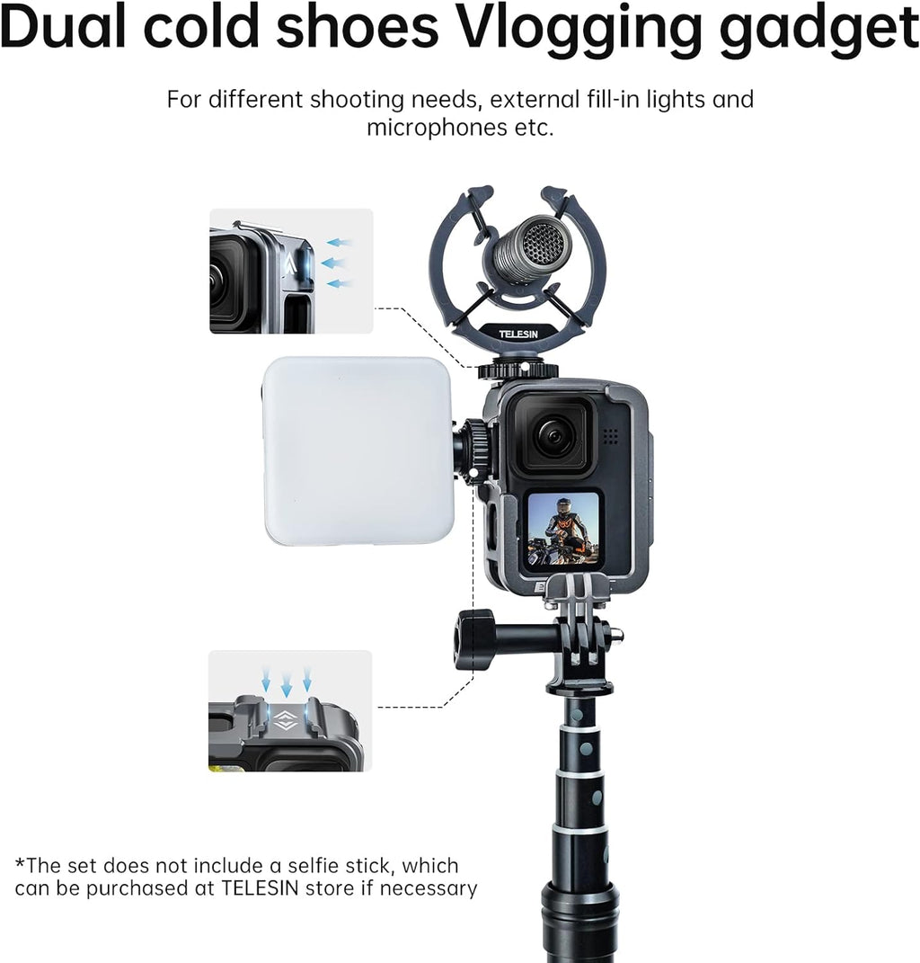 Jaula en Aluminio Para GoPro 12/11/10/9 Telesin Con Marco Vertical