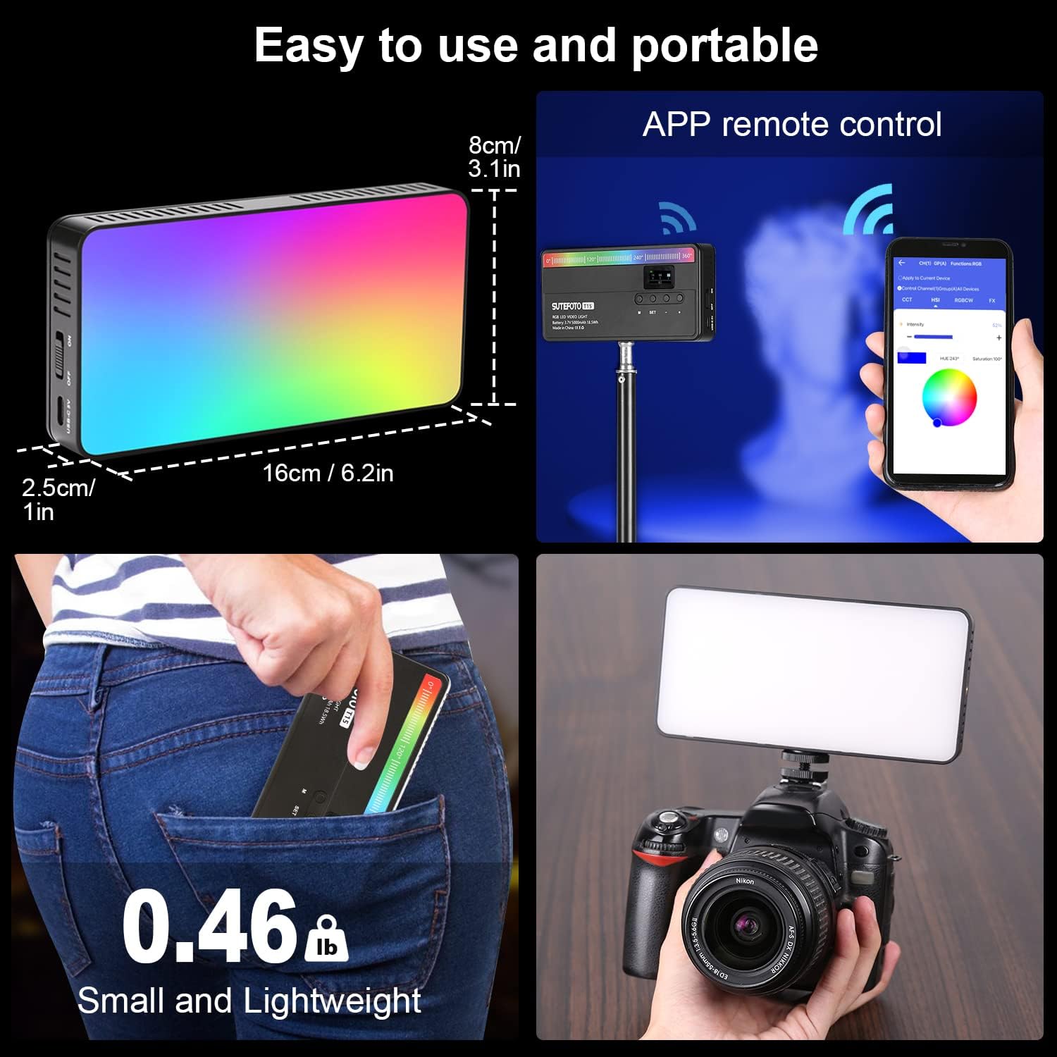 Panel Luz Led Rgb Profesional 15W Portatil Recarganble Sutefoto Para Fotografia Y Video