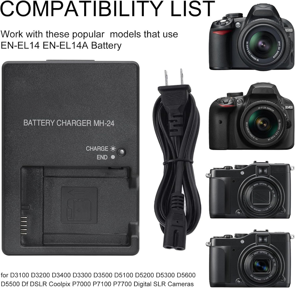 Cargador Mh-24 Para Nikon EN-EL14 D3100- D3200- D3300- D3400- D3500- D5100- D5200- D5300- D5500- D5600