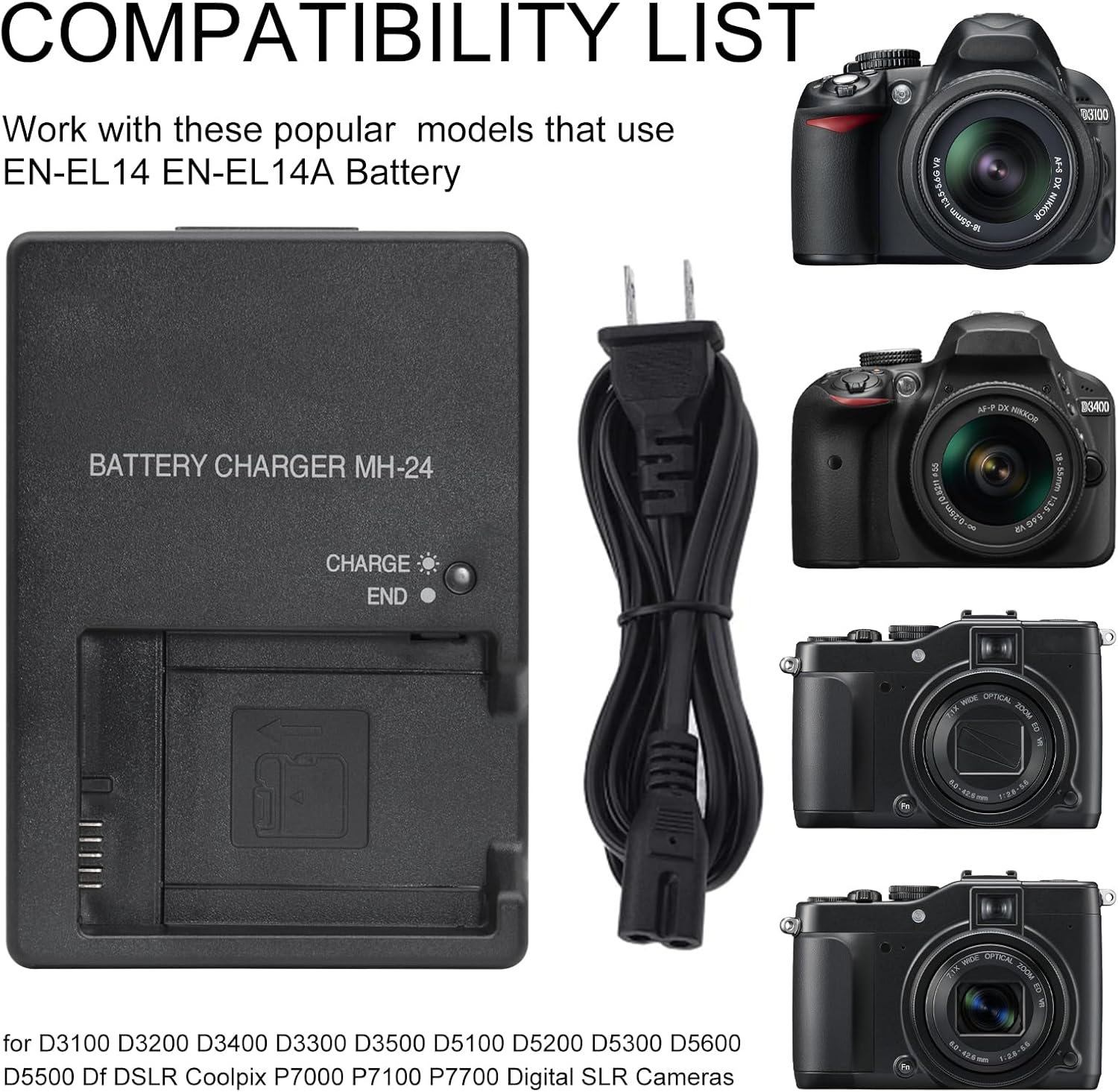 Cargador Mh-24 Para Nikon EN-EL14 D3100- D3200- D3300- D3400- D3500- D5100- D5200- D5300- D5500- D5600