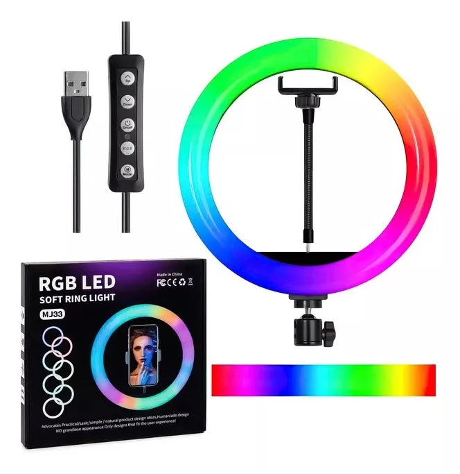 Aro De Luz Rgb Multicolor 33 Cm Profesional + Tripode 2m