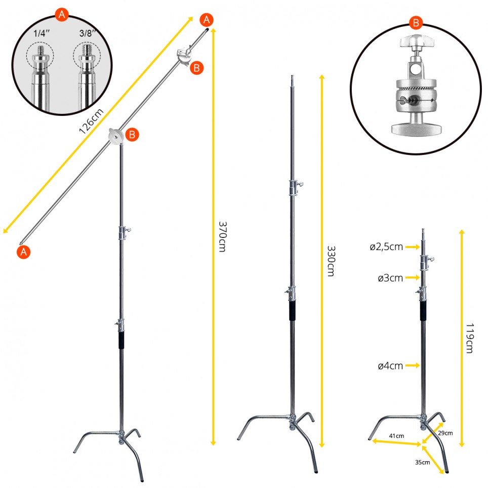 Trípode C-Stand de Acero Inoxidable de 3 metros con Brazo Jirafa